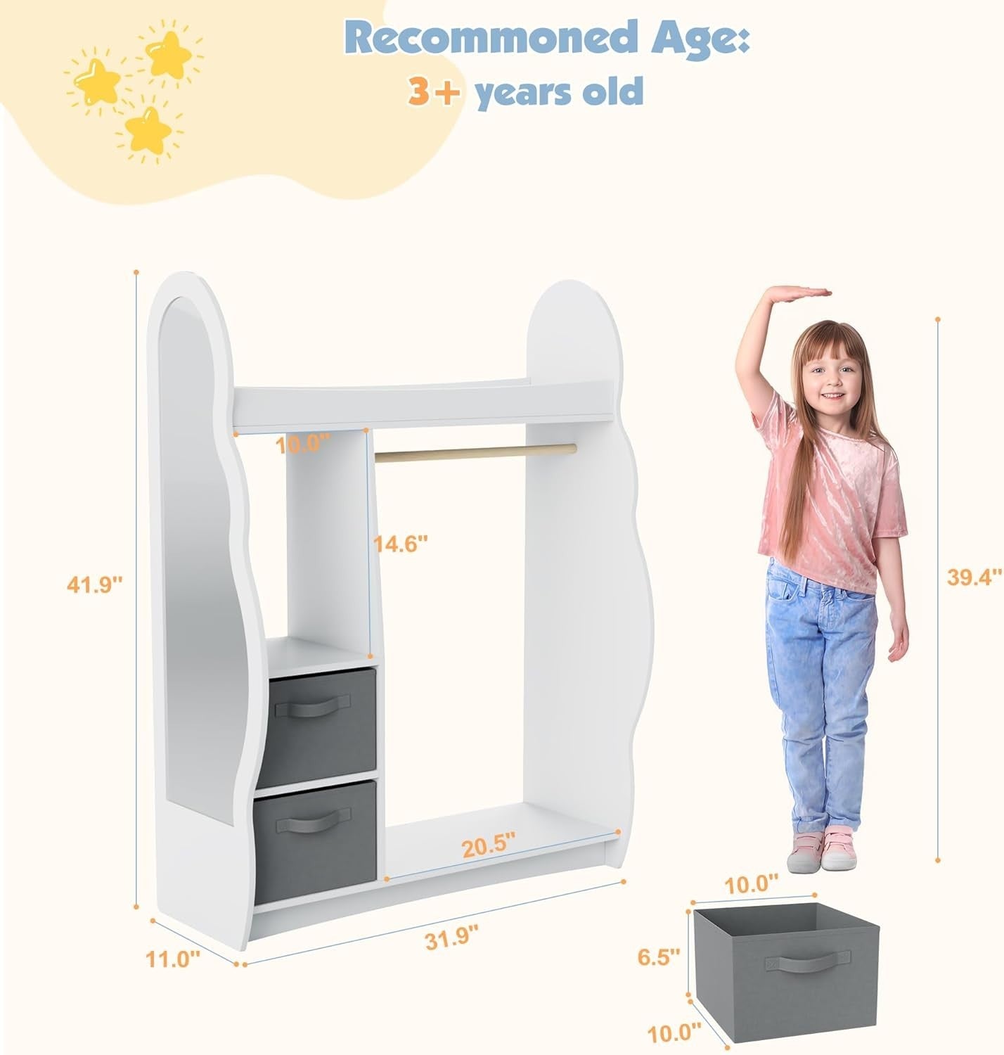 Kids Wardrobe with Mirror, Hanging Rail & 2 Drawers, White Cloud Design
