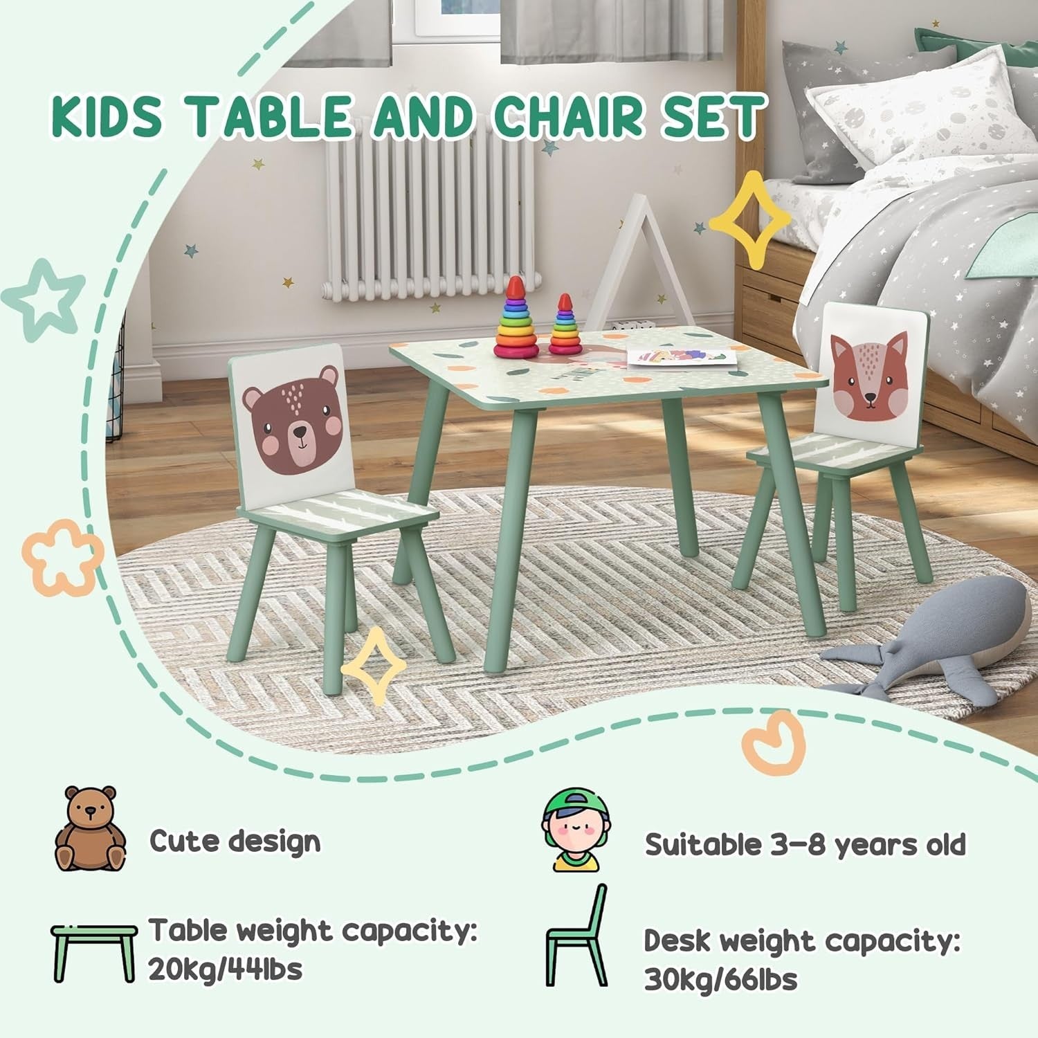 Kids Table & Chairs Set with Easel, Chalkboard & Paper Roll, Sturdy Pine