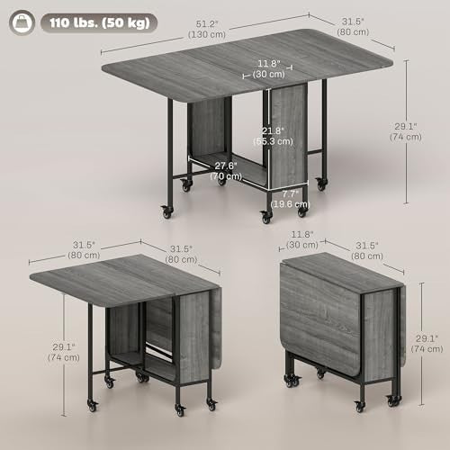 Folding Drop Leaf Dining Table with Wheels & Storage Shelf for Small Spaces