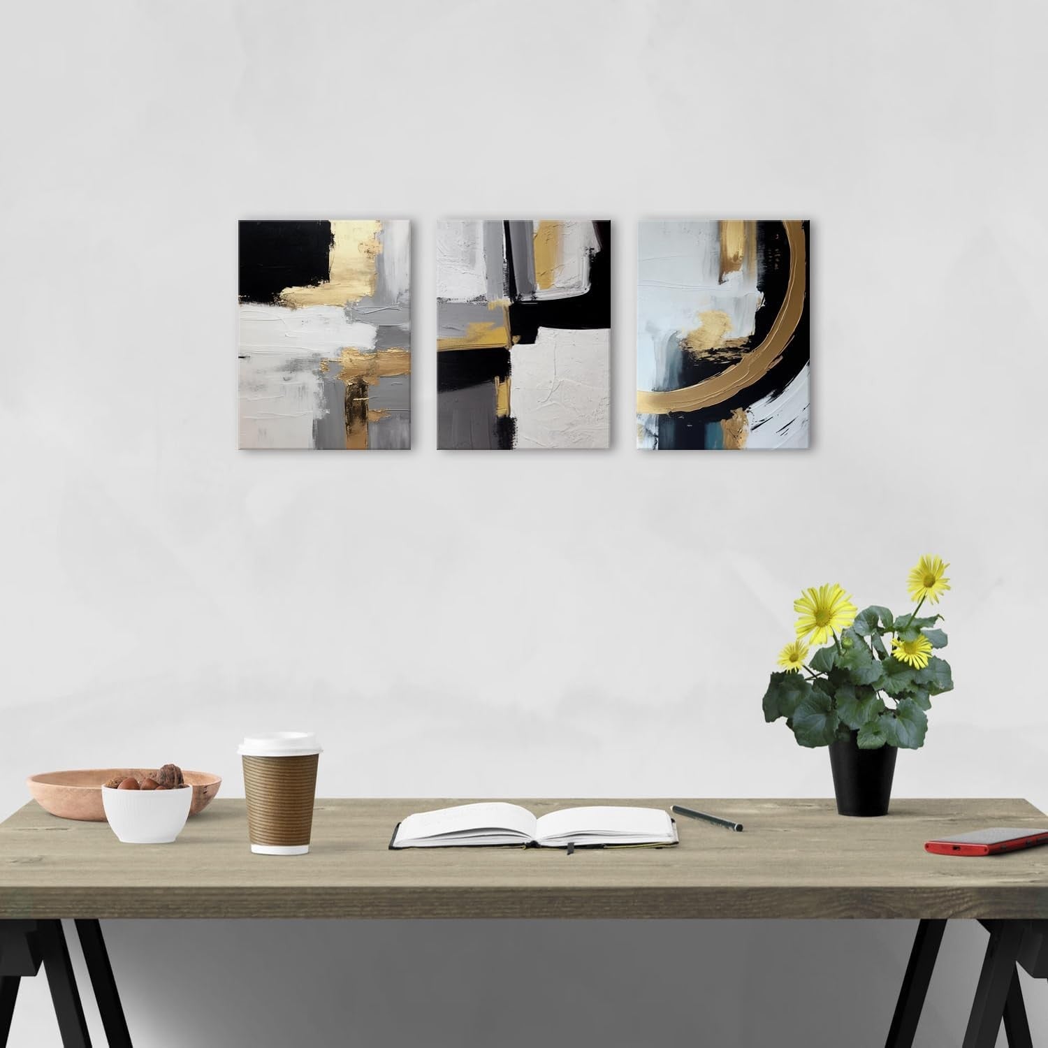 Set of 3 Black & White Abstract Canvas Wall Art 30x40cm