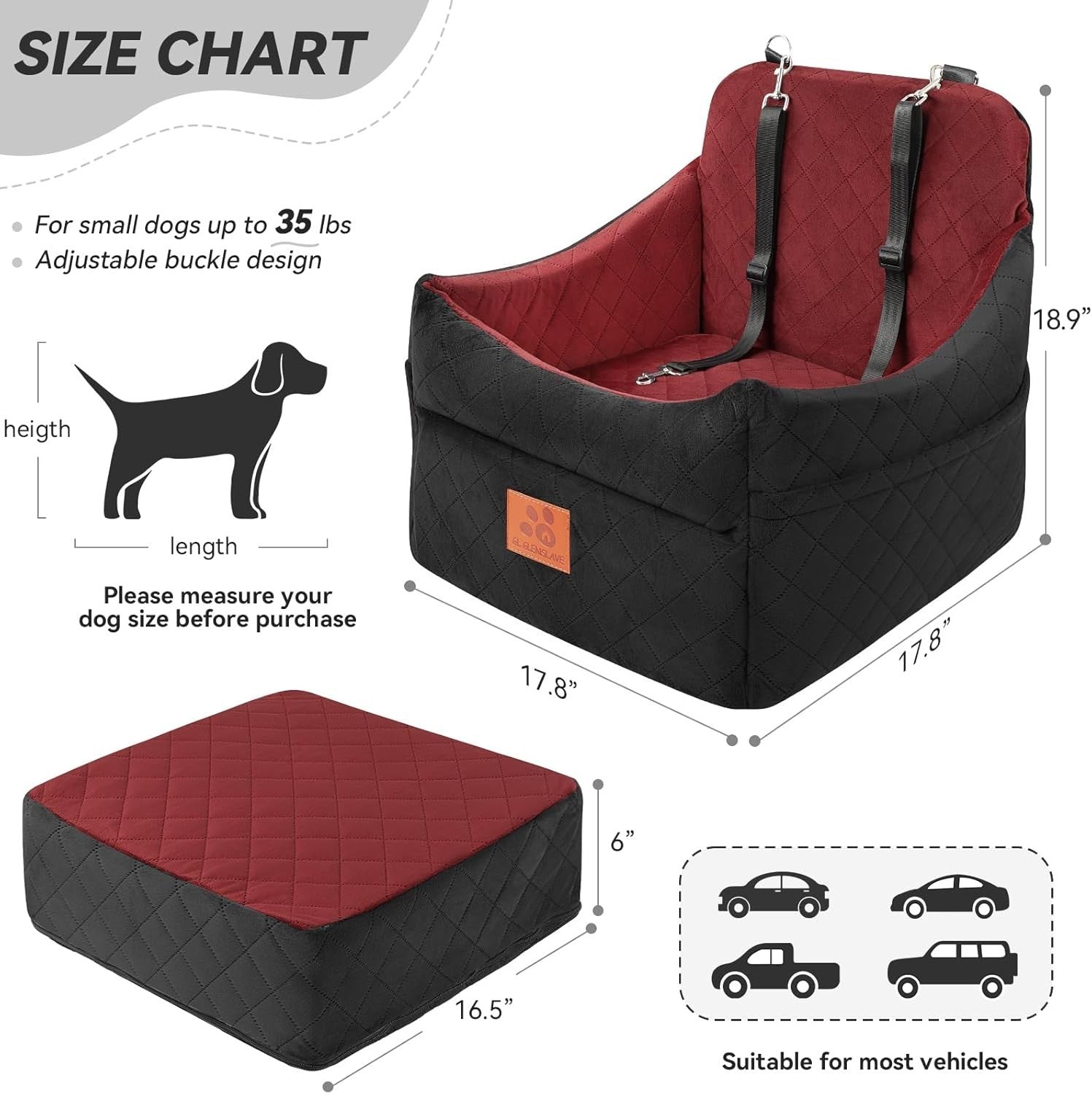 Memory Foam Dog Car Booster Seat Washable Pet Travel Bed 35lbs