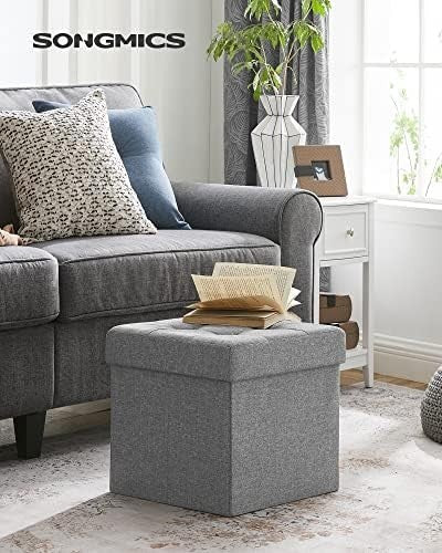 Light Grey Folding Storage Ottoman Cube 38cm Footstool with Lid & Tufted Seat
