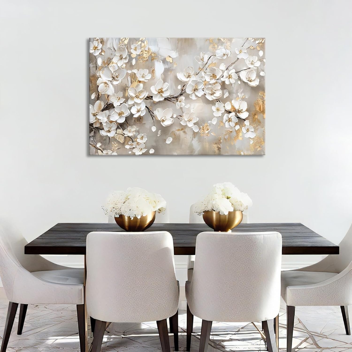 Large White Floral Canvas Wall Art 120x80cm Framed