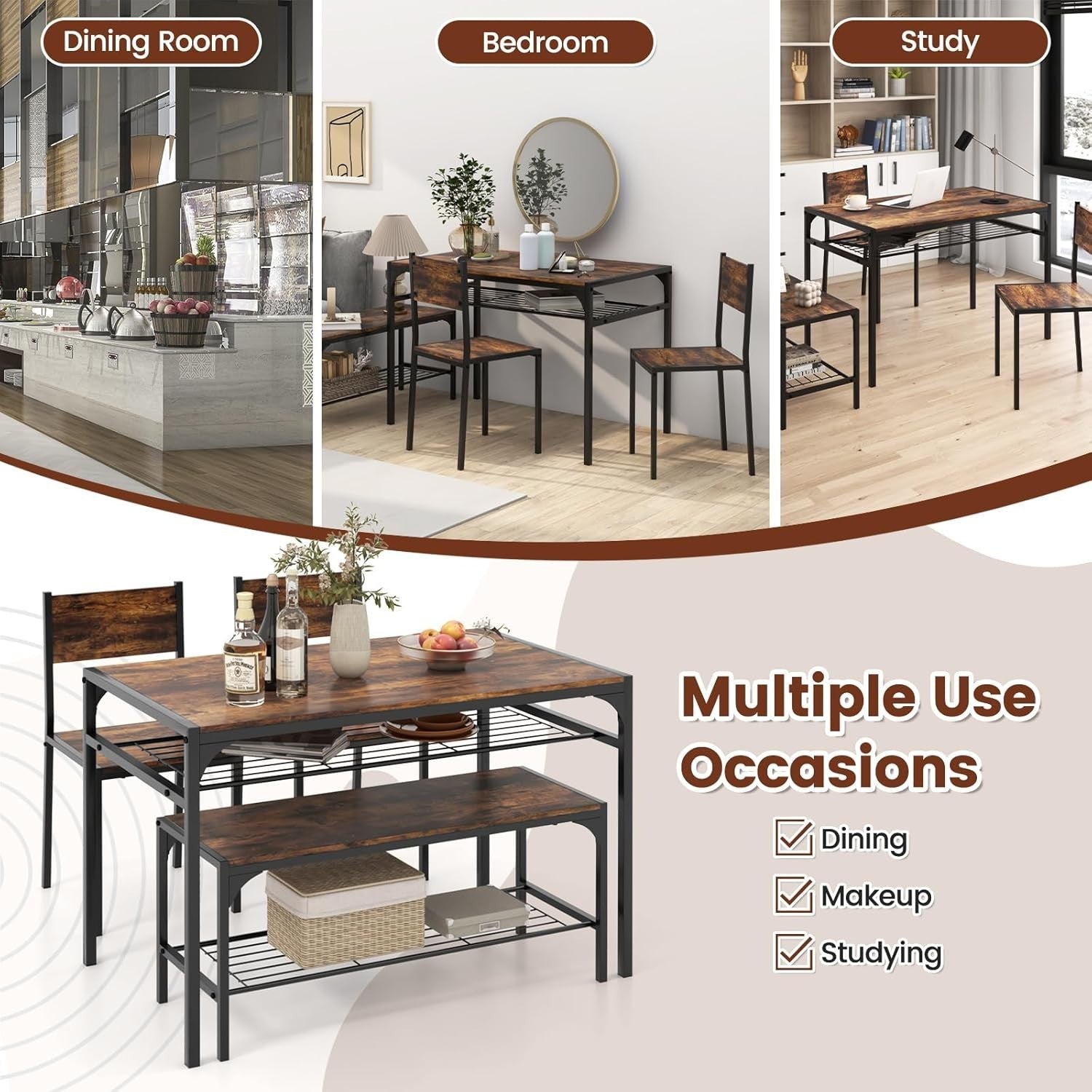 Dining Table Set with 2 Chairs & Storage Bench Rustic Brown for Small Space