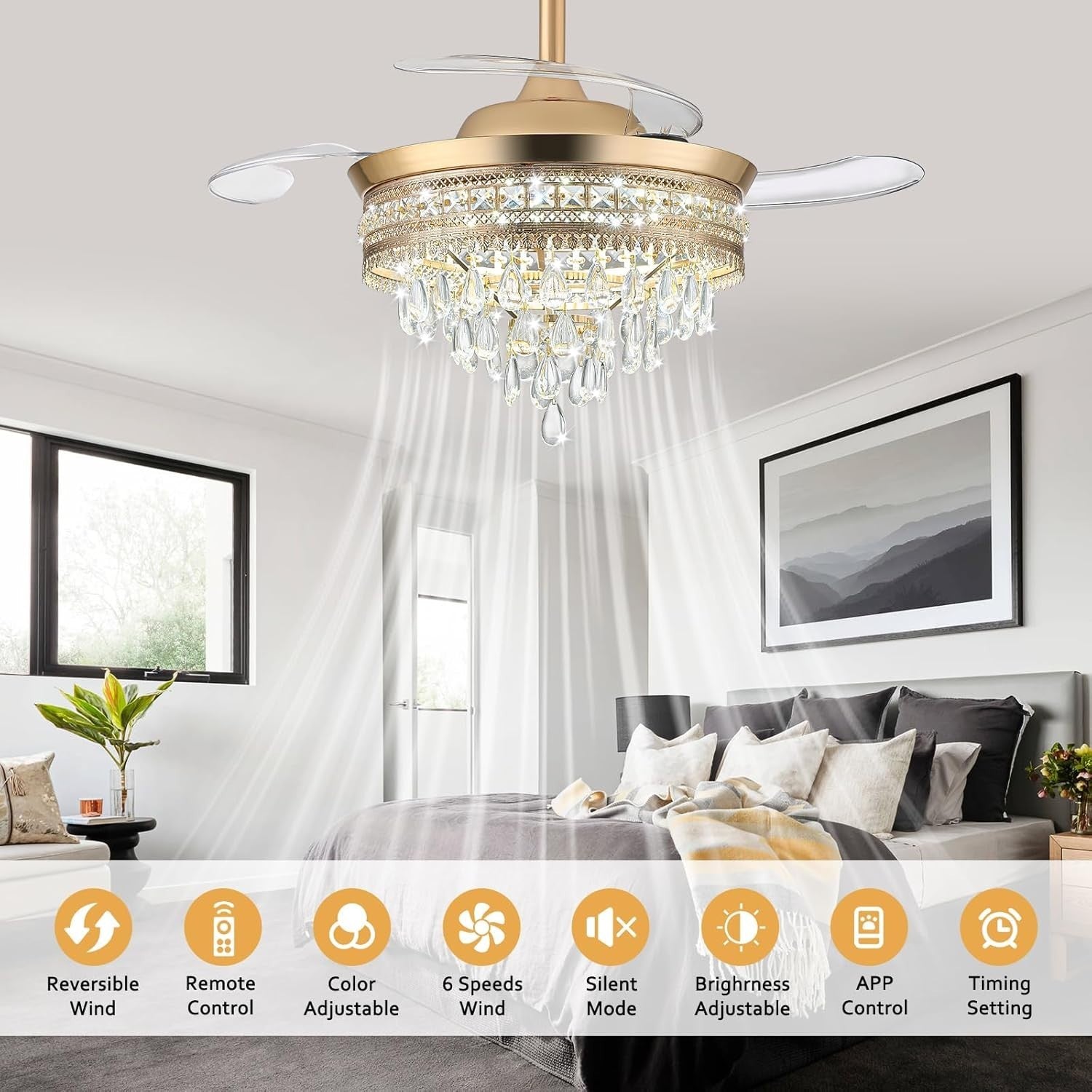 Crystal Ceiling Fan, 6 Speeds, Dimmable LED, Remote, Reversible