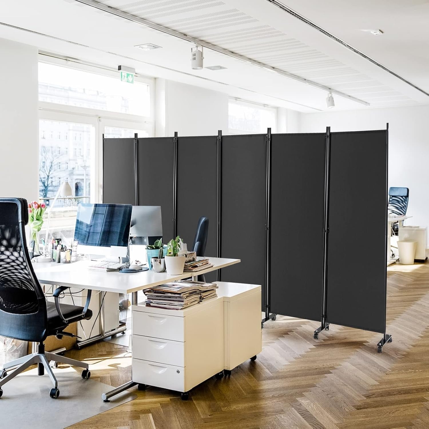 6 Panel Grey Folding Room Divider Privacy Screen Metal Frame 335x172cm