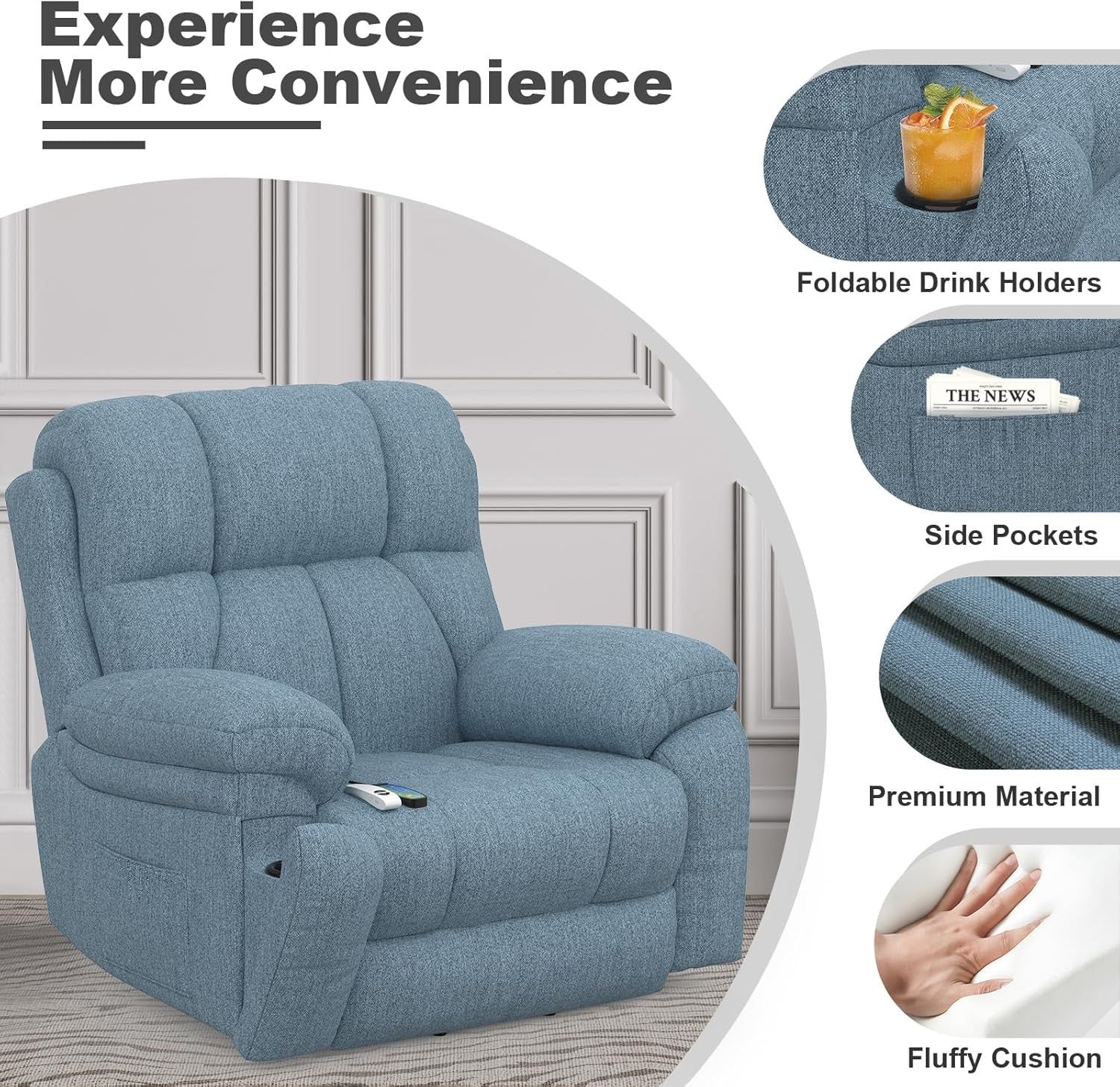 Power Lift Recliner Chair Oversized Massage Heat USB Type-C Footrest Blue