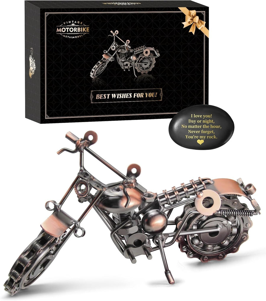 Metal Motorcycle Ornament Gift for Him – Vintage Desk Decor w/ Rock Message
