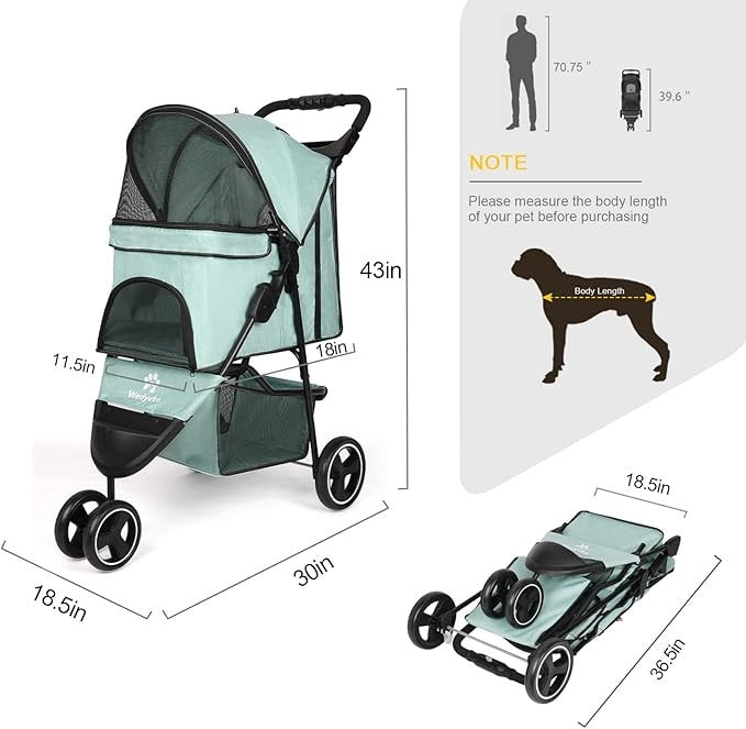 Pet Stroller 3 Wheel Folding Dog Cat Buggy with Storage Basket Travel Pram