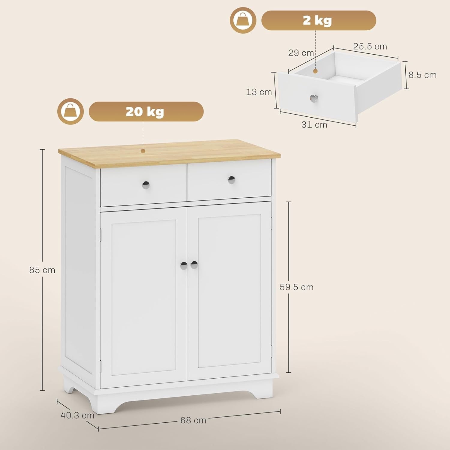 White Kitchen Sideboard Cabinet with Wood Top, Drawers & Adjustable Shelf