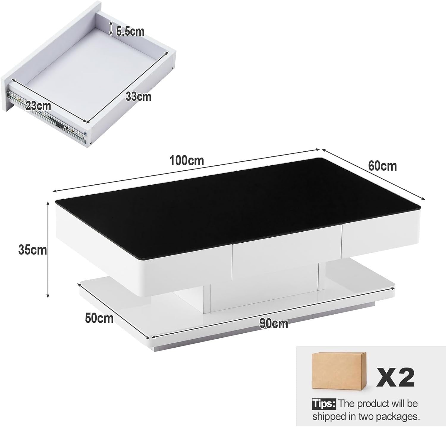 High Gloss Tempered Glass Coffee Table with 2 Drawers Storage 100x60cm