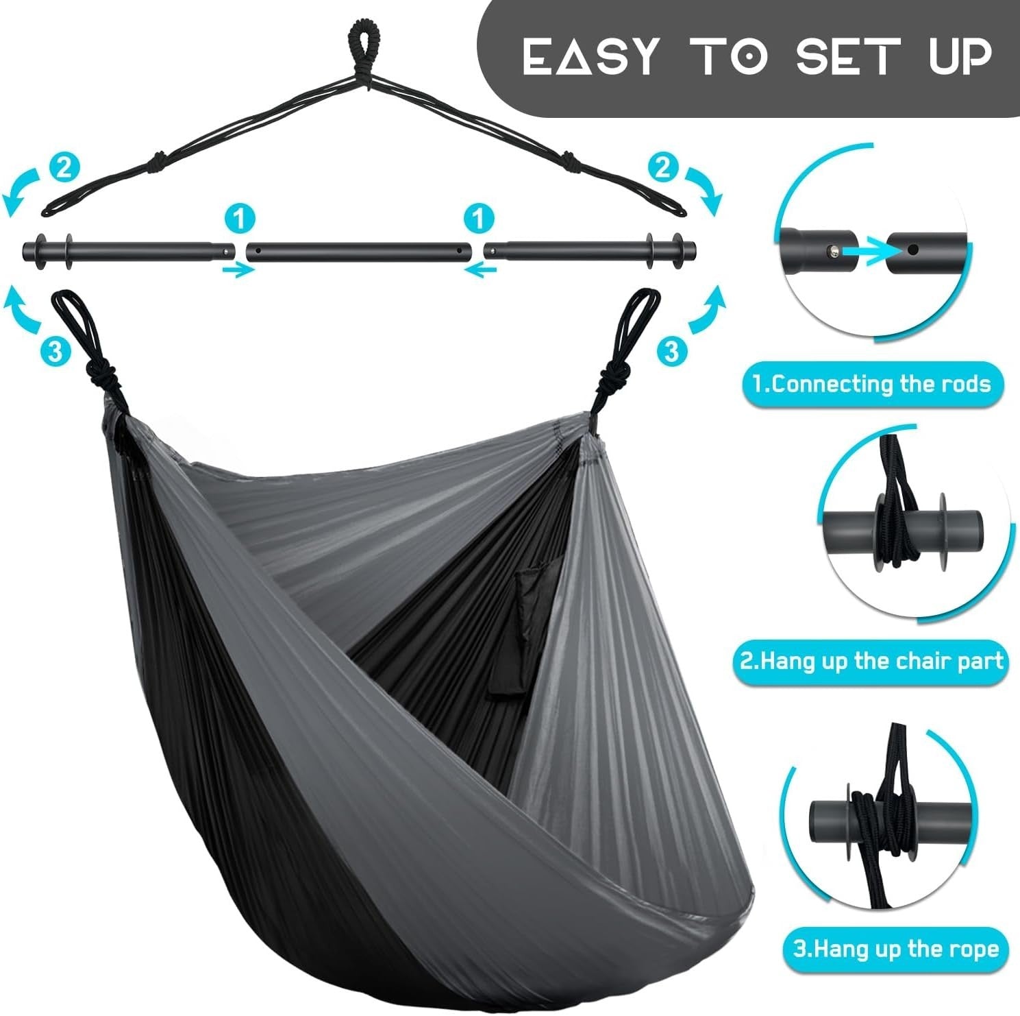 Portable Hammock Chair Swing, Lightweight Outdoor/Indoor, Max 500lbs Gray