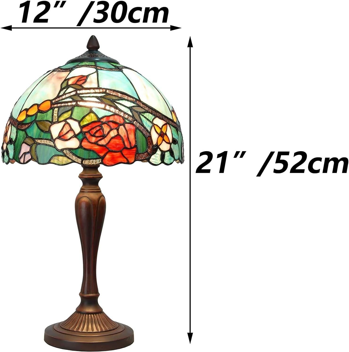Tiffany Style Rose Stained Glass Table Lamp with 12" Shade, 21" Tall