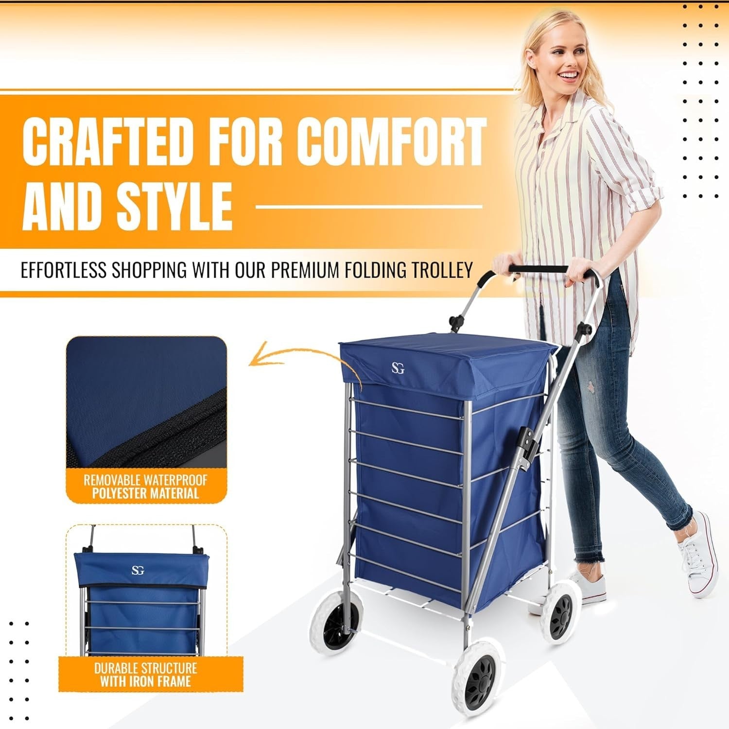 Foldable 4-Wheel Shopping Trolley Cart with Removable Bag - Heavy Duty Blue
