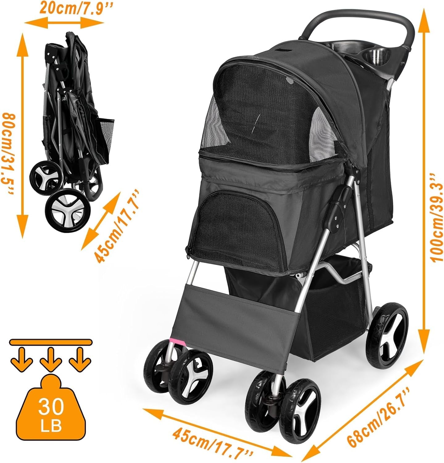Pet Travel Stroller Dog Cat Pushchair 4 Wheel Folding Pram Jogger Black