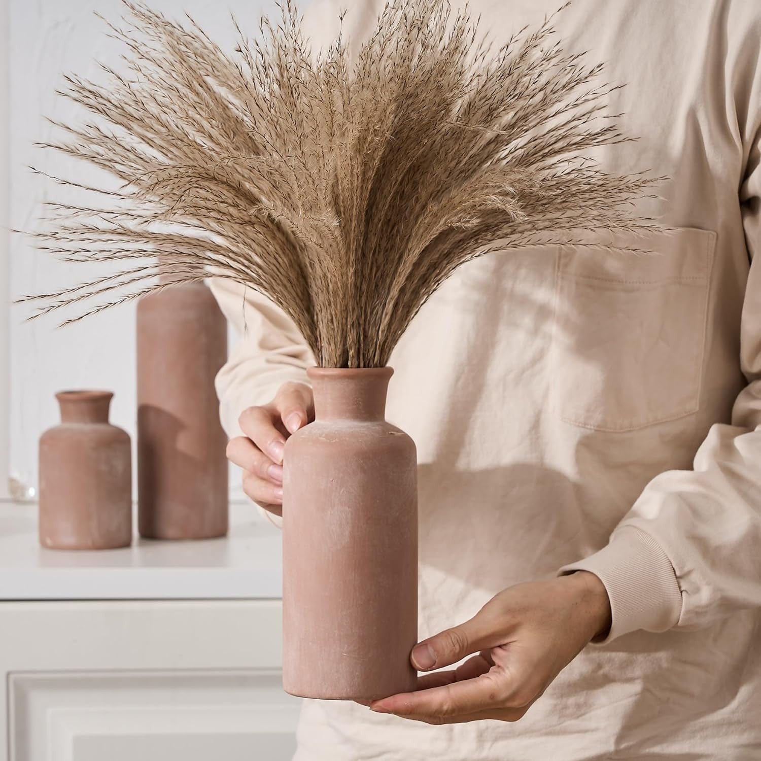 Ceramic Rustic Farmhouse Vase Set of 3 Whitewashed Terracotta Home Décor