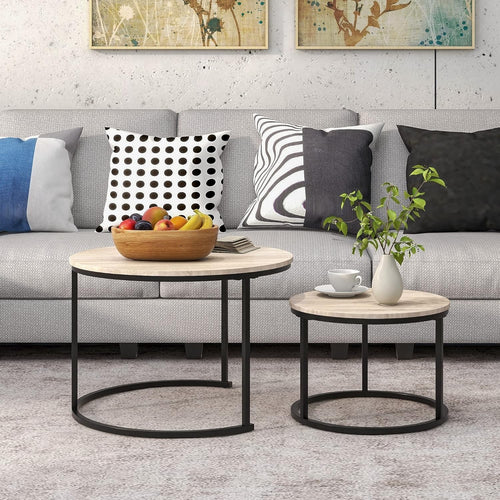 Round Nesting Coffee Table Set of 2 Small Space Living Room Metal Frame Oak