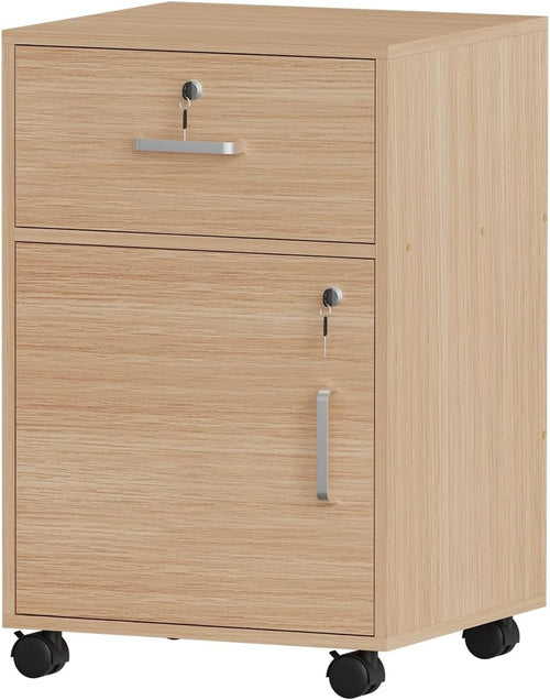 Walnut Lockable Mobile File Cabinet with Door & Drawers Under Desk