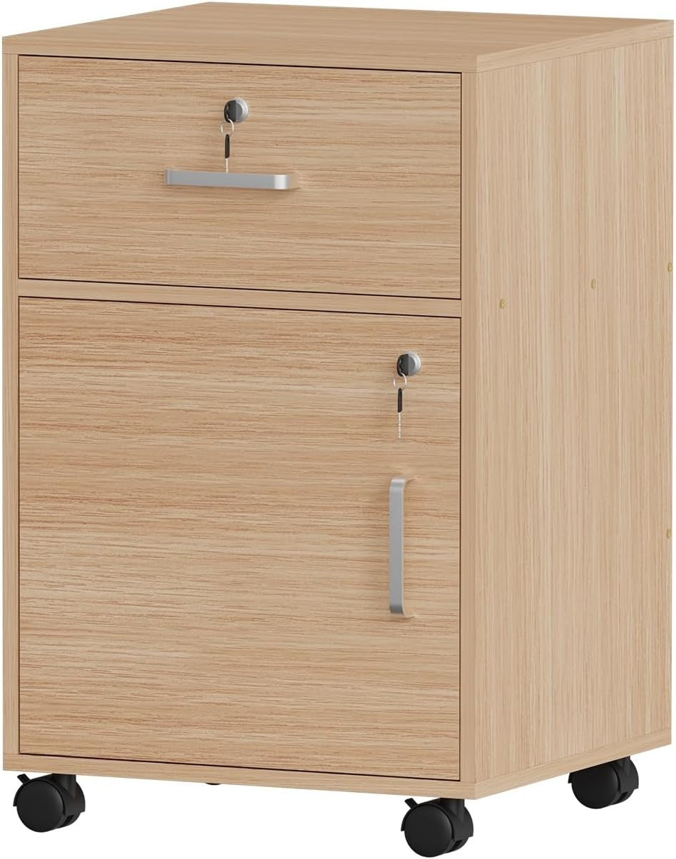 Walnut Lockable Mobile File Cabinet with Door & Drawers Under Desk