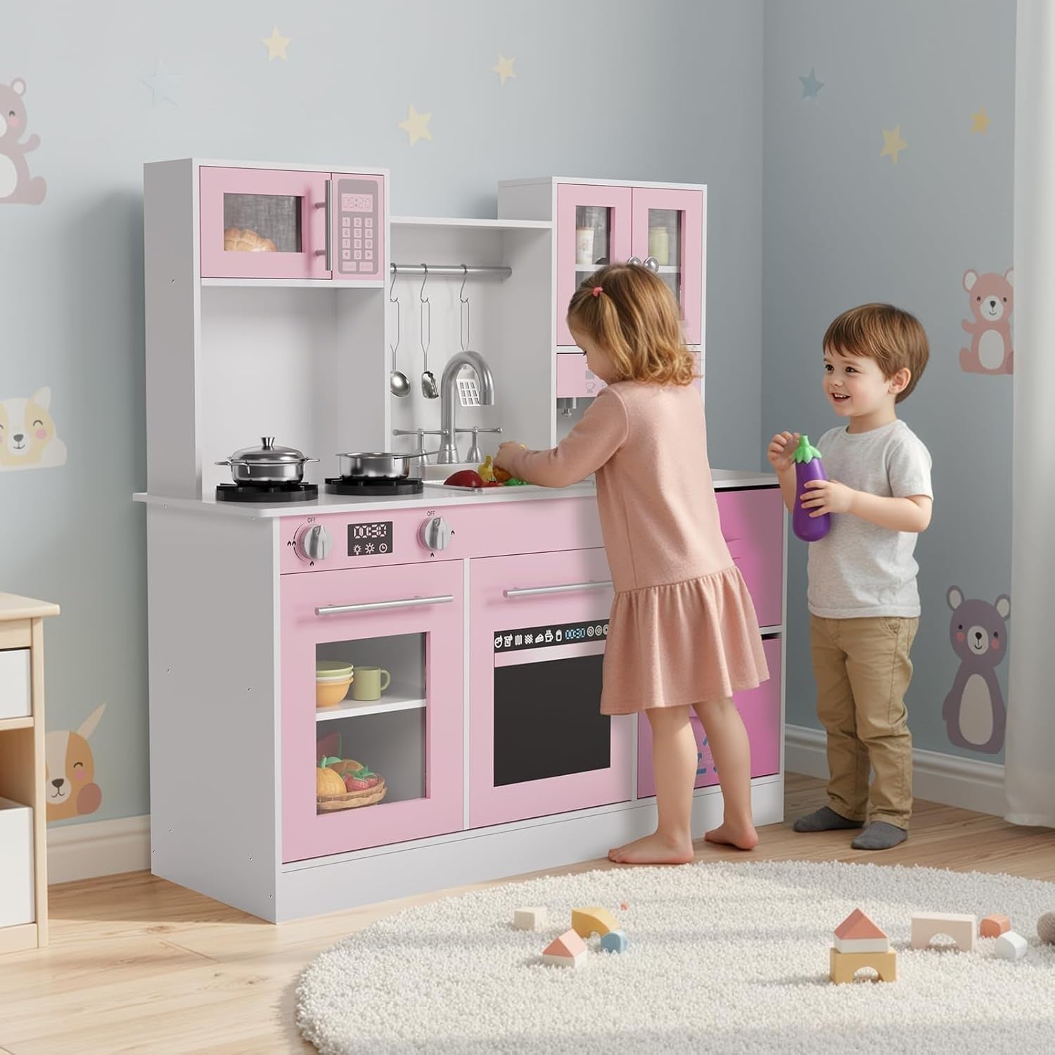 Kids Wooden Play Kitchen Set w/ Lights Sounds Microwave Sink Pink