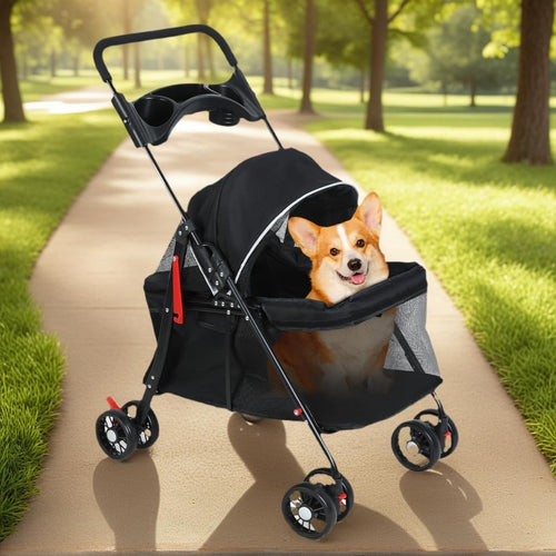 Pet Stroller Dog Cat Pushchair 4 Wheel Foldable Travel Jogger Mesh Black