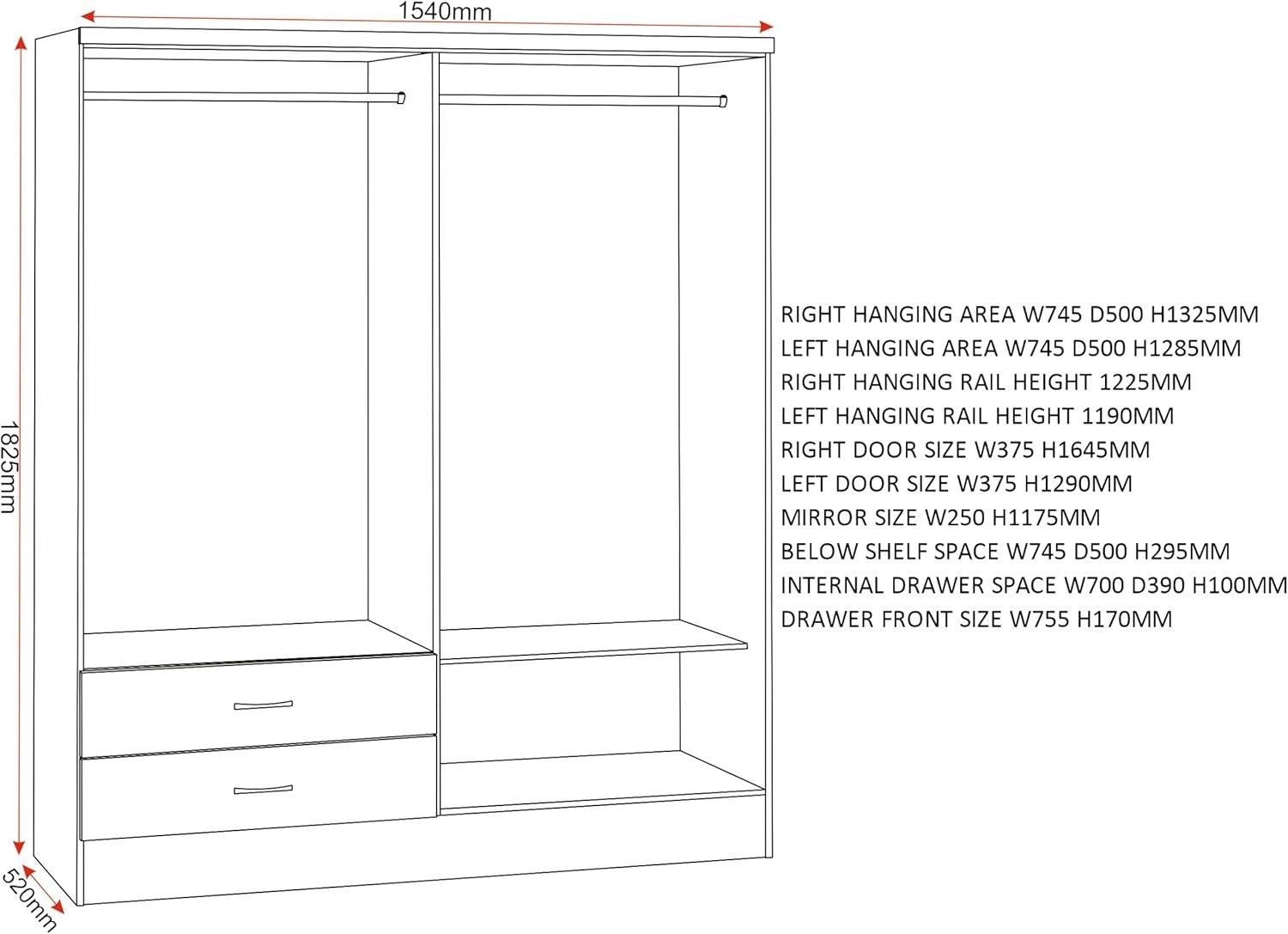 Spacious 4 Door 2 Drawer Sonoma Oak Wardrobe with Mirror & Hanging Space