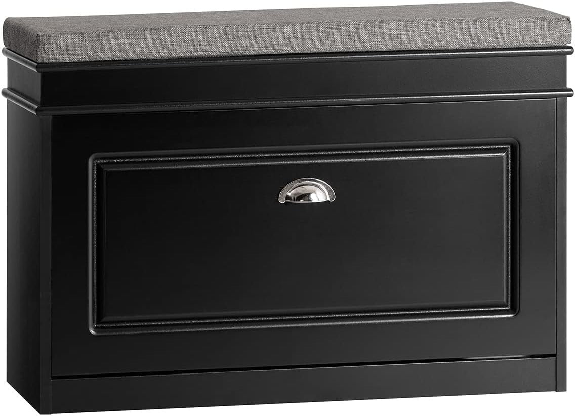 Black Shoe Storage Bench with Cushion & Flip Drawer – Slim Hallway Cabinet