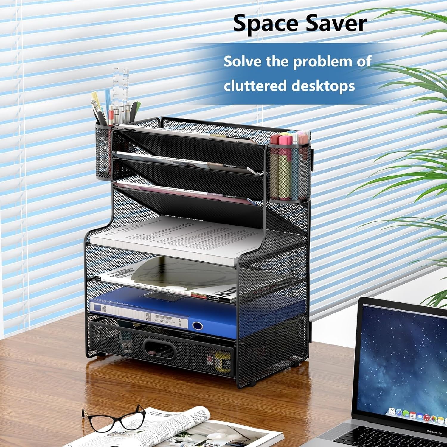 7-Tier Letter Tray Desk Organiser with Drawer, Magazine & A4 Paper Holder, Black