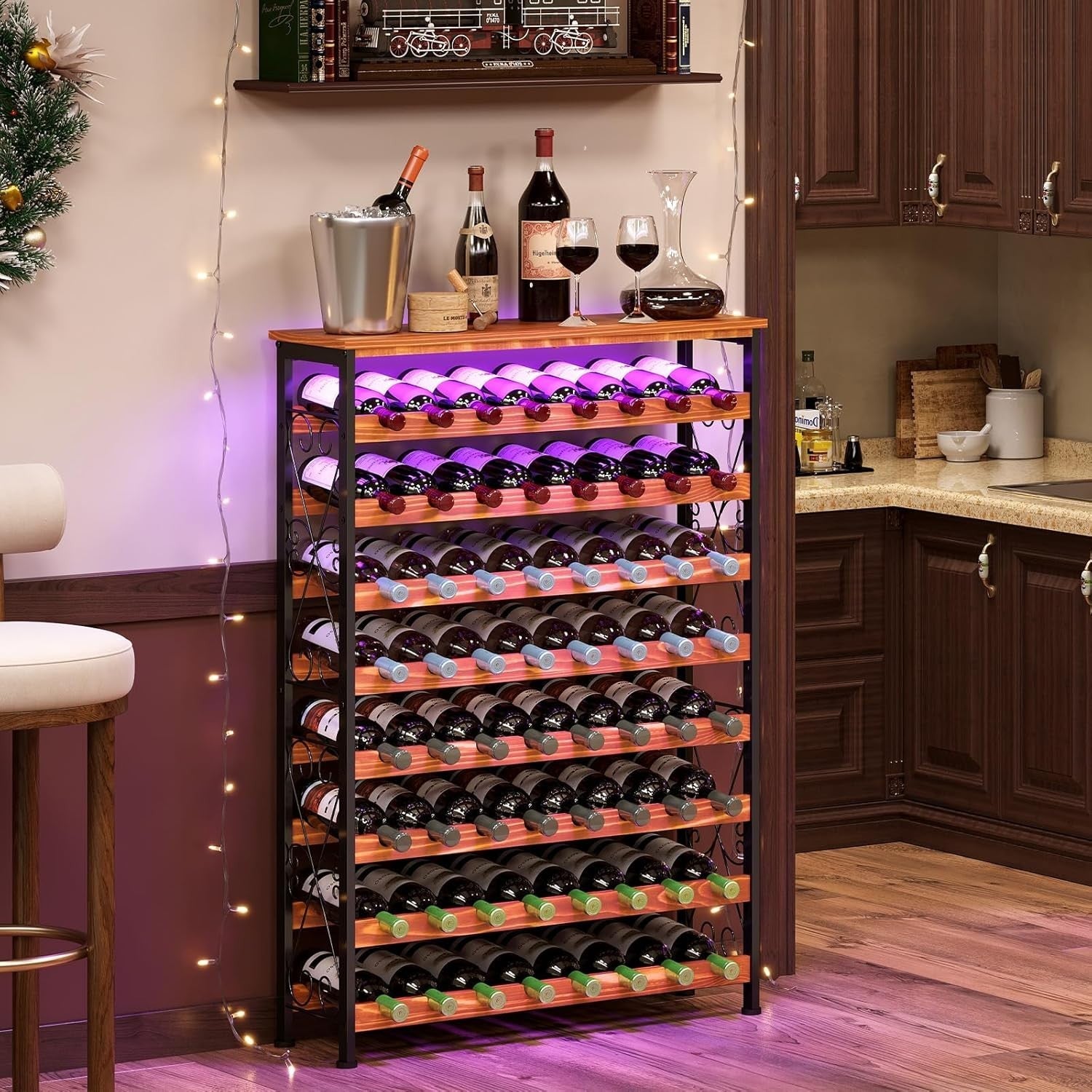 64 Bottle Wine Rack Freestanding with Wooden Top LED Display Shelf Home Bar