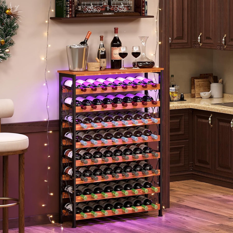 64 Bottle Wine Rack Freestanding with Wooden Top LED Display Shelf Home Bar