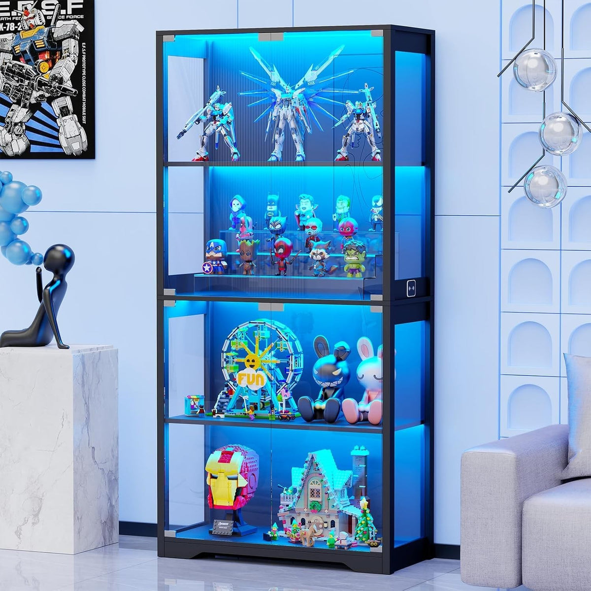4 Tier Glass Display Cabinet with LED Lights Black Trophy Bookcase 165cm