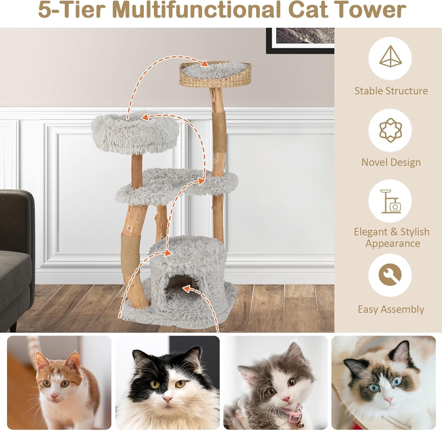 124cm Wooden Cat Tree Multi Level Tower with Jute Scratching & Plush Perch