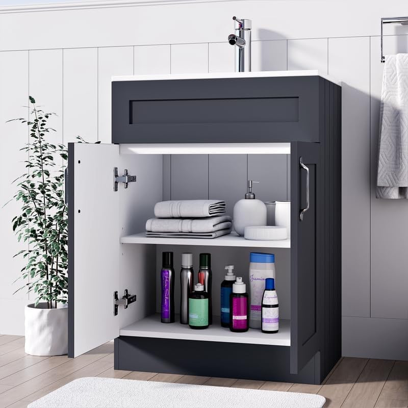 600mm Grey Bathroom Vanity Unit with Basin Storage Cupboard Floor Standing Sink