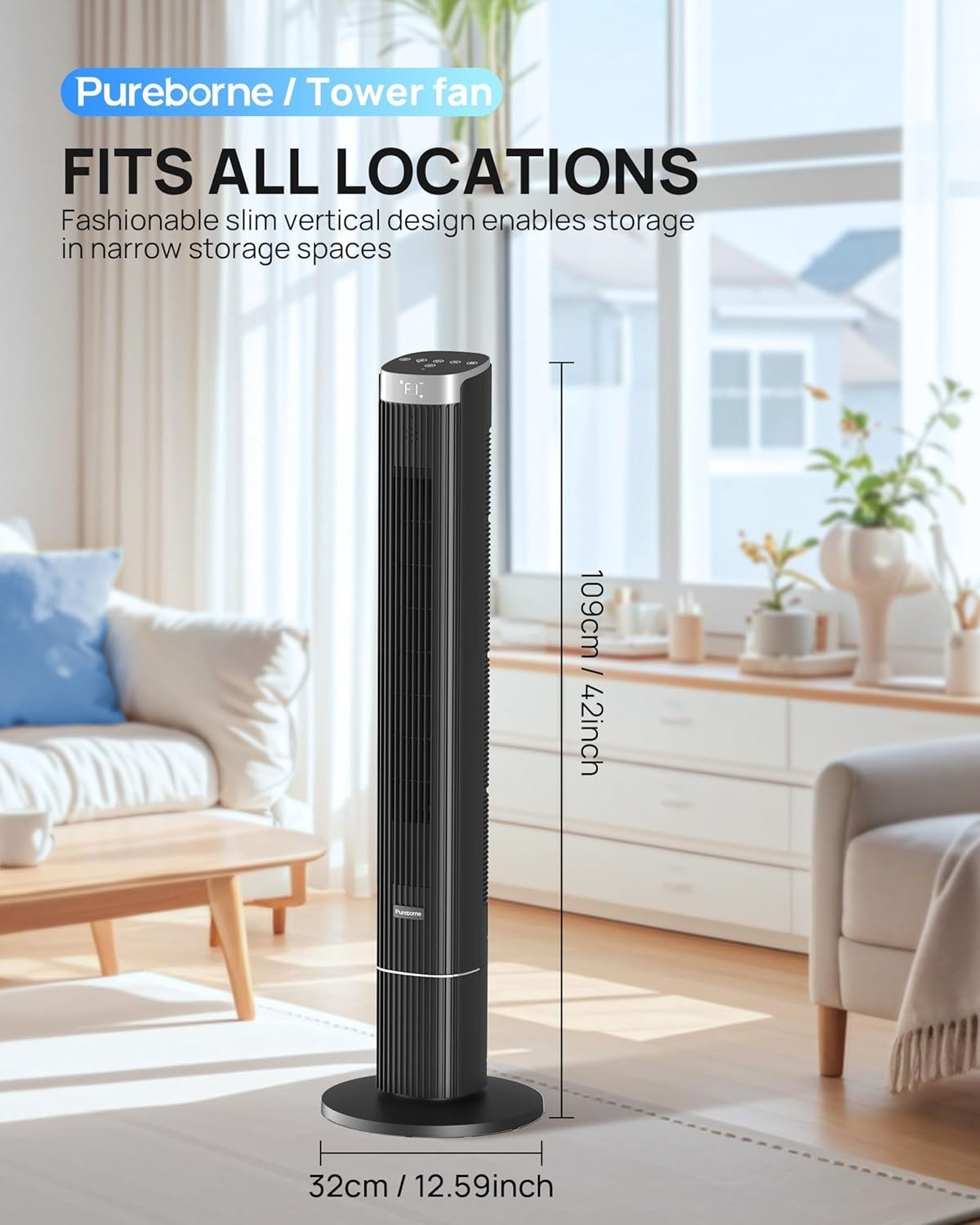 42" Smart Tower Fan with Remote & WiFi App Control 50W Quiet Cooling – Black