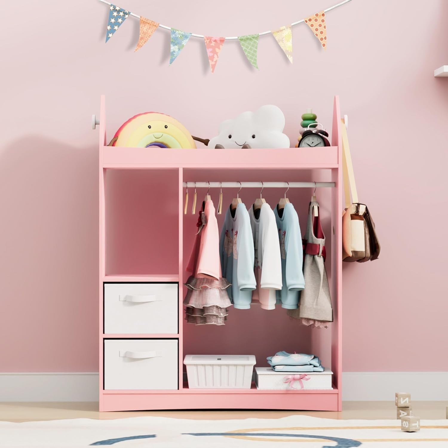 Kids Wardrobe with Mirror, 2 Drawers & Hanging Rail, Pink Rocket Design