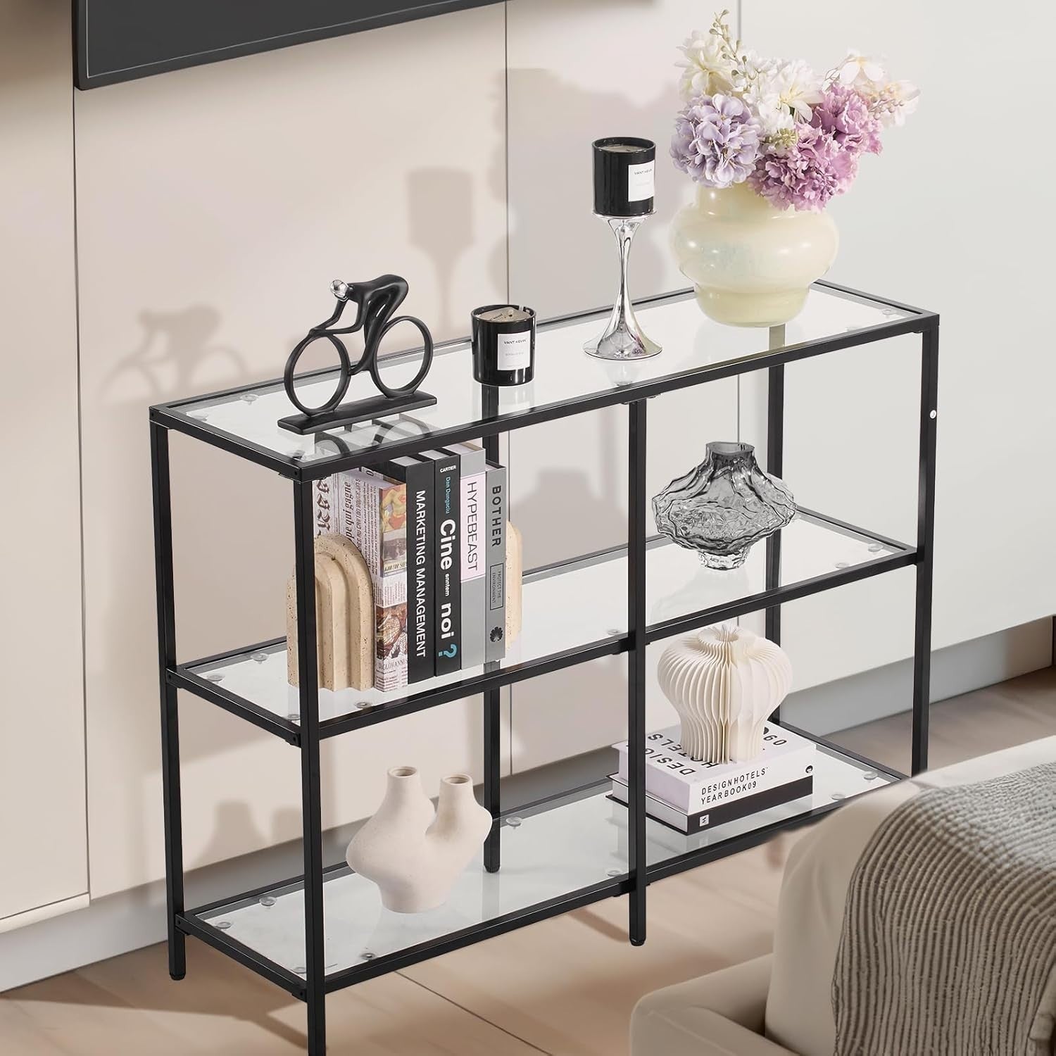 3-Tier Glass Console Table with Storage – Modern Tempered Display Shelf