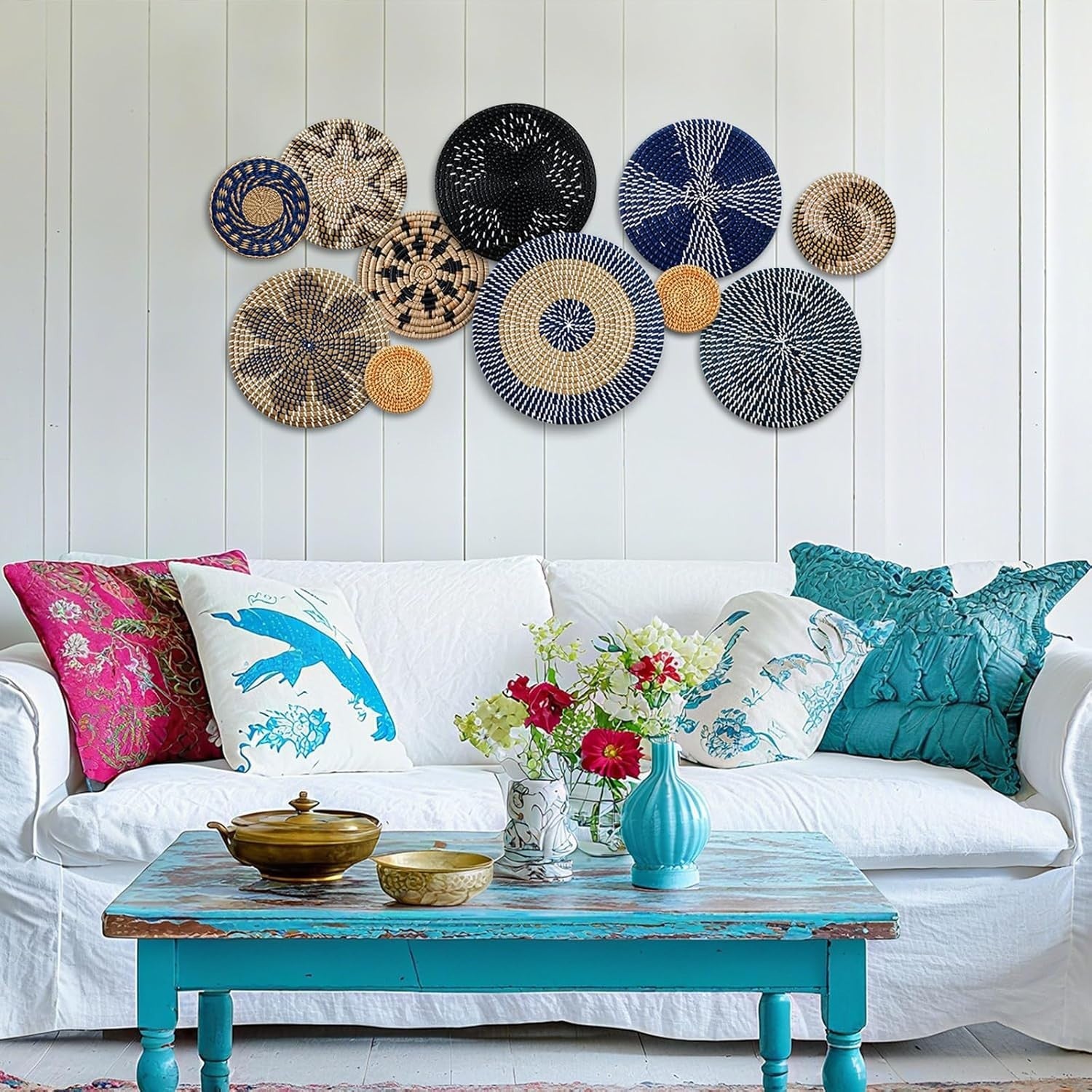 11PCS Boho Woven Wall Baskets Bulrush Farmhouse Decor Clr Blue