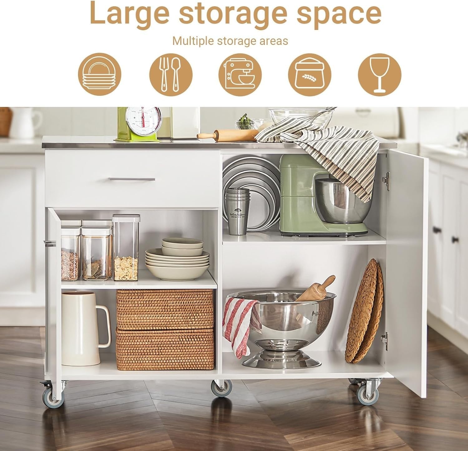 120cm White Rolling Kitchen Island Stainless Steel Top Cart