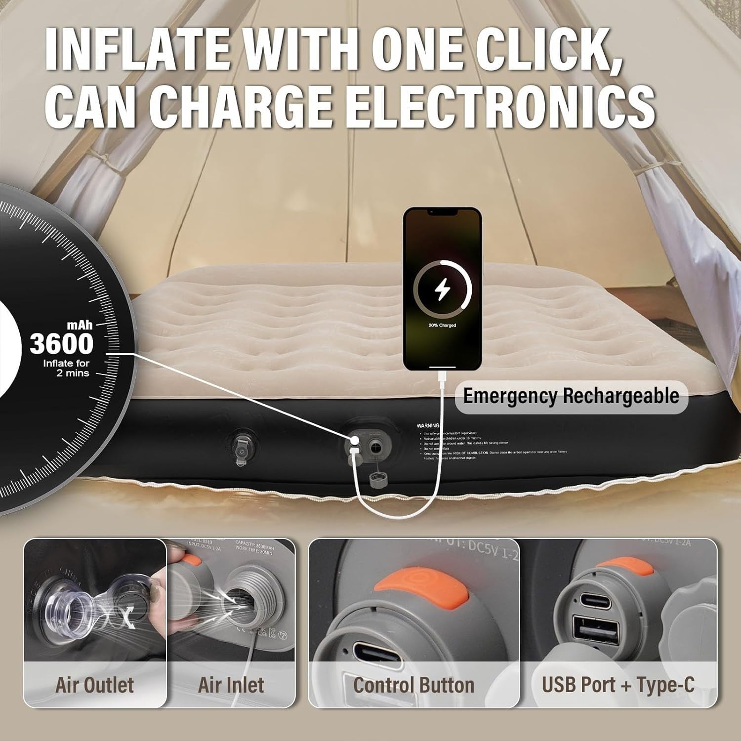 Small Double Air Mattress with Built-In Pump, Pillow & USB Port
