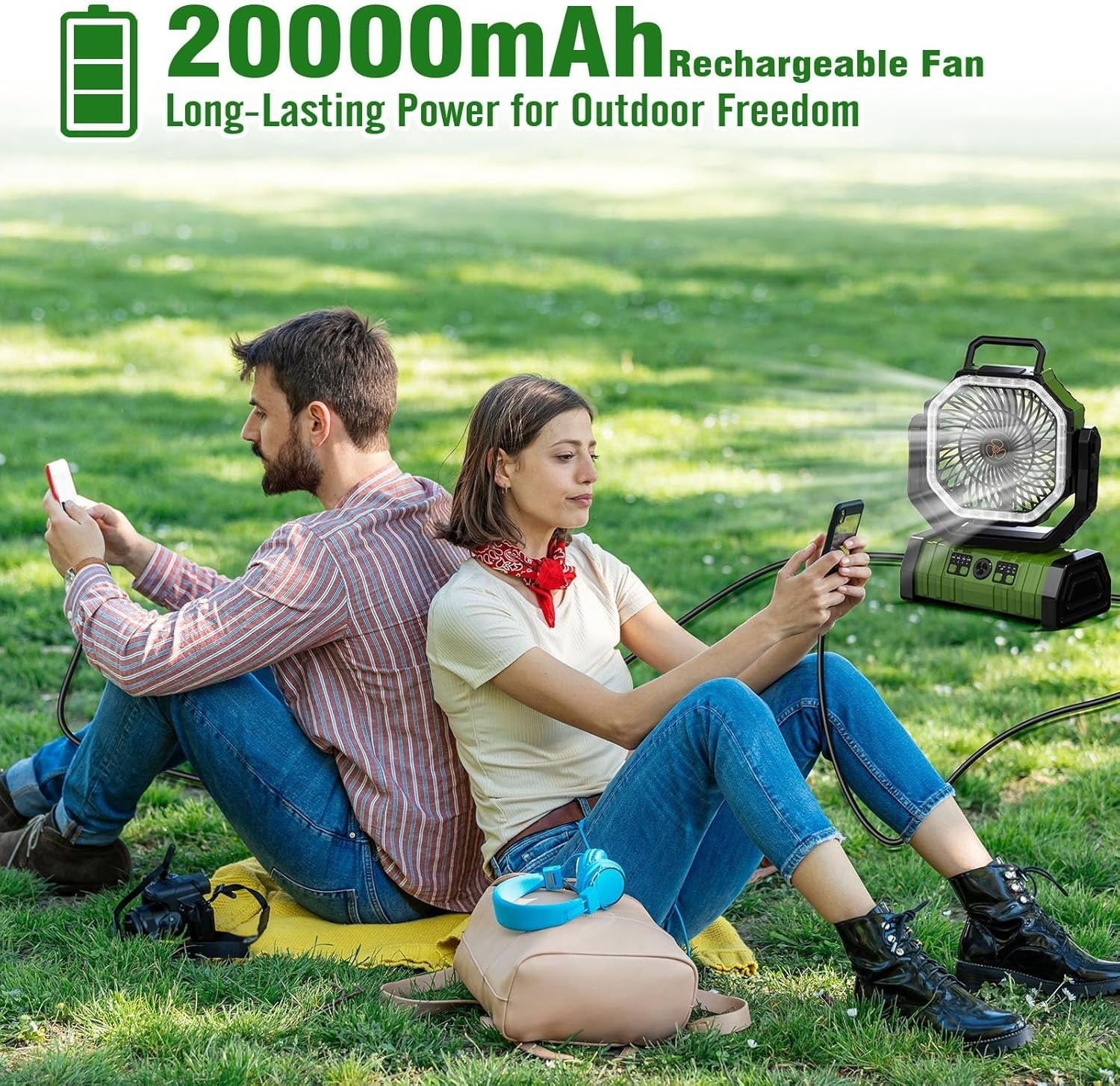 Rechargeable Camping Fan 20000mAh LED Light 4-Speed Portable Cooling USB Remote