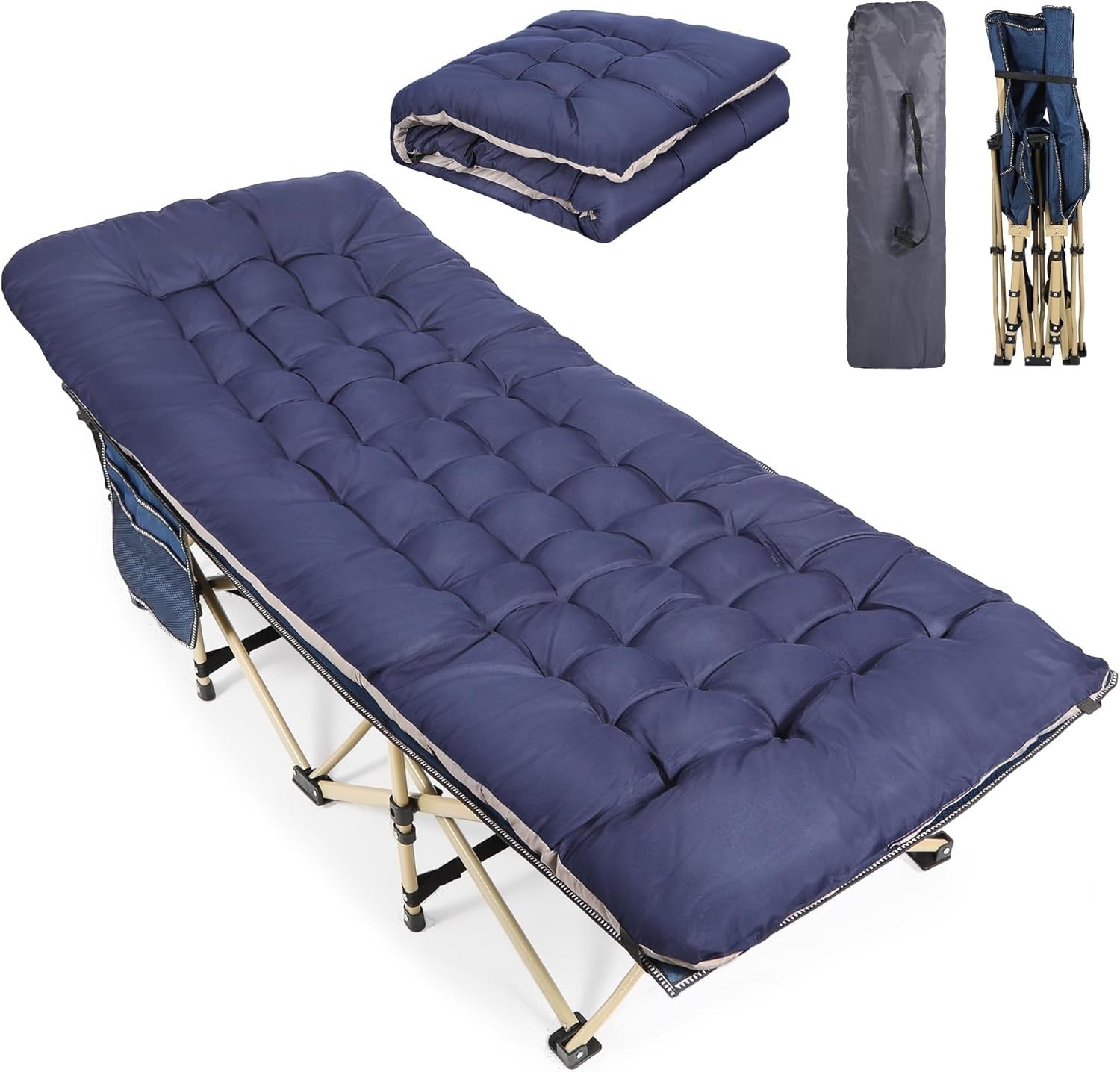 Folding Camp Bed with Thick Mattress | 500lbs Heavy Duty Blue Sleeping Cot