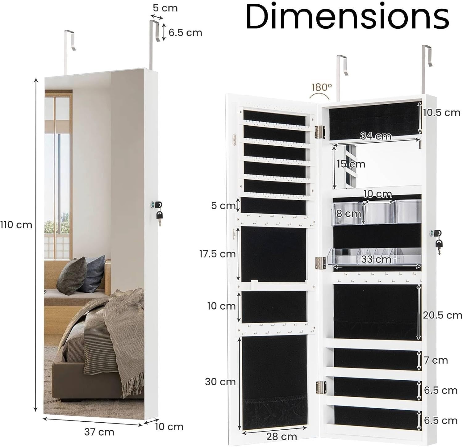 White Mirrored Jewelry Cabinet Wall Mounted Lockable Slim Storage Organizer
