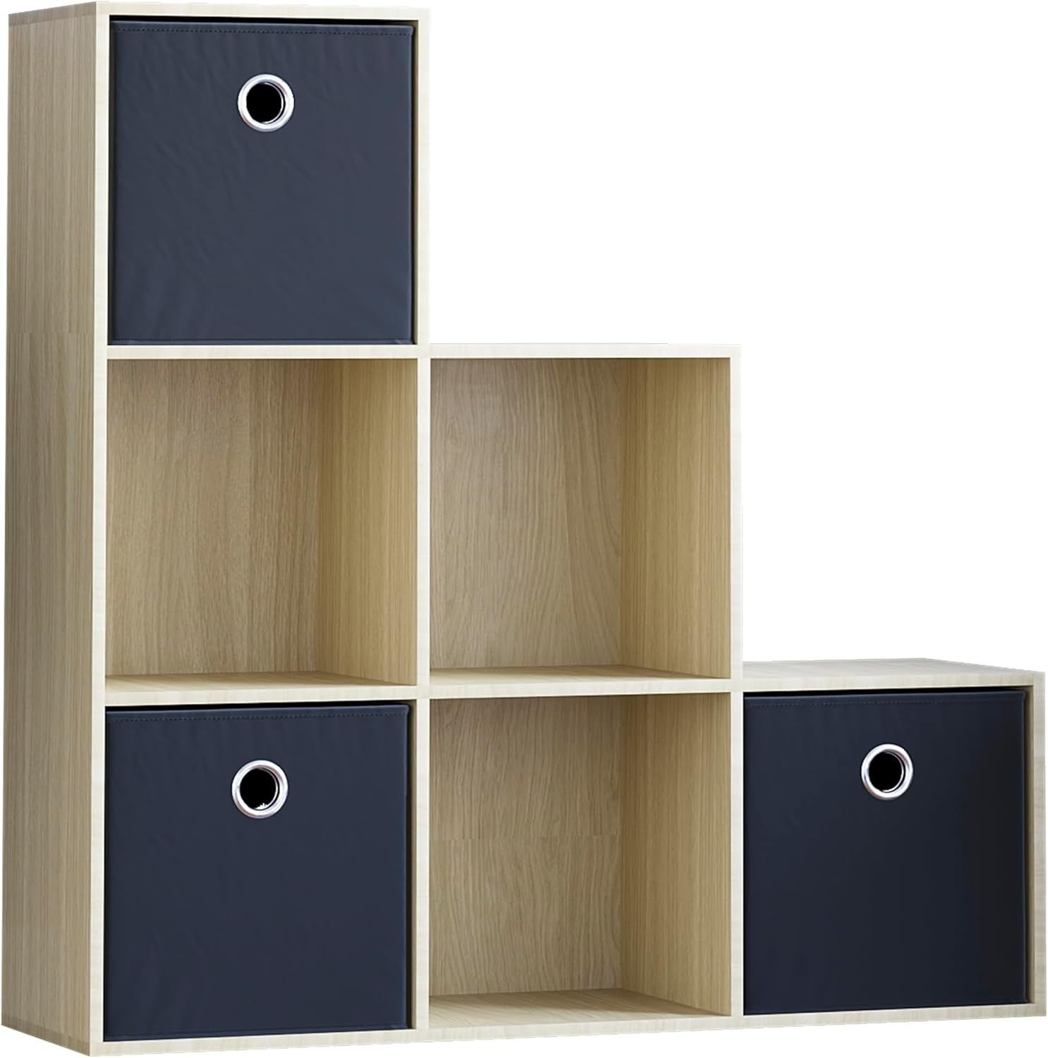 6 Cube Oak Staircase Bookcase with 3 Baskets – Modern Durable Storage