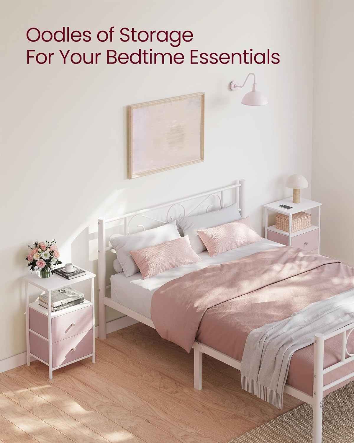 Tall Pink Bedside Table with 2 Fabric Drawers & Shelf – Modern Storage Unit