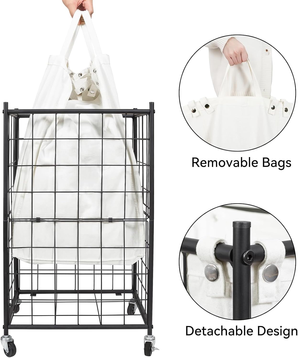 100L Rolling Laundry Hamper with Wheels & Removable Bag Metal Frame Black White