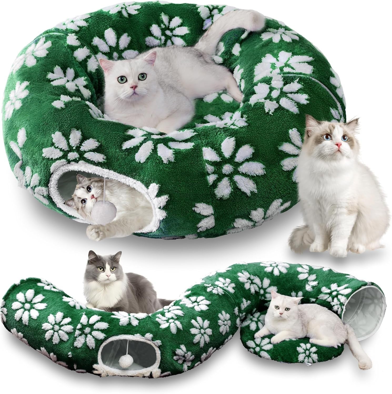 Cat Donut Tunnel Bed Peekaboo Cave w Cushion & Hanging Ball Green