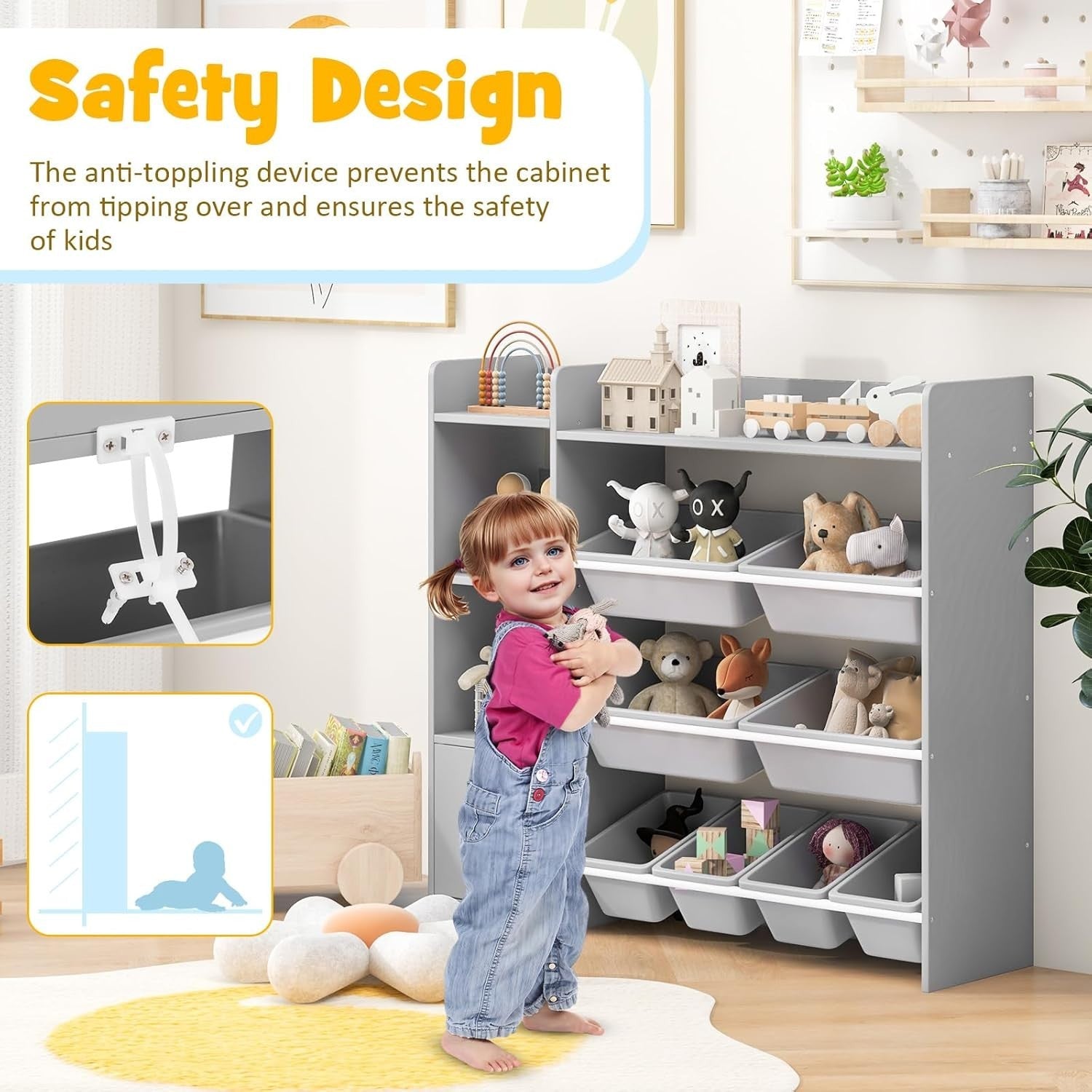 4 Tier Kids Toy Storage Unit with Bins Bookshelf & Cabinet Grey 112x30x100cm