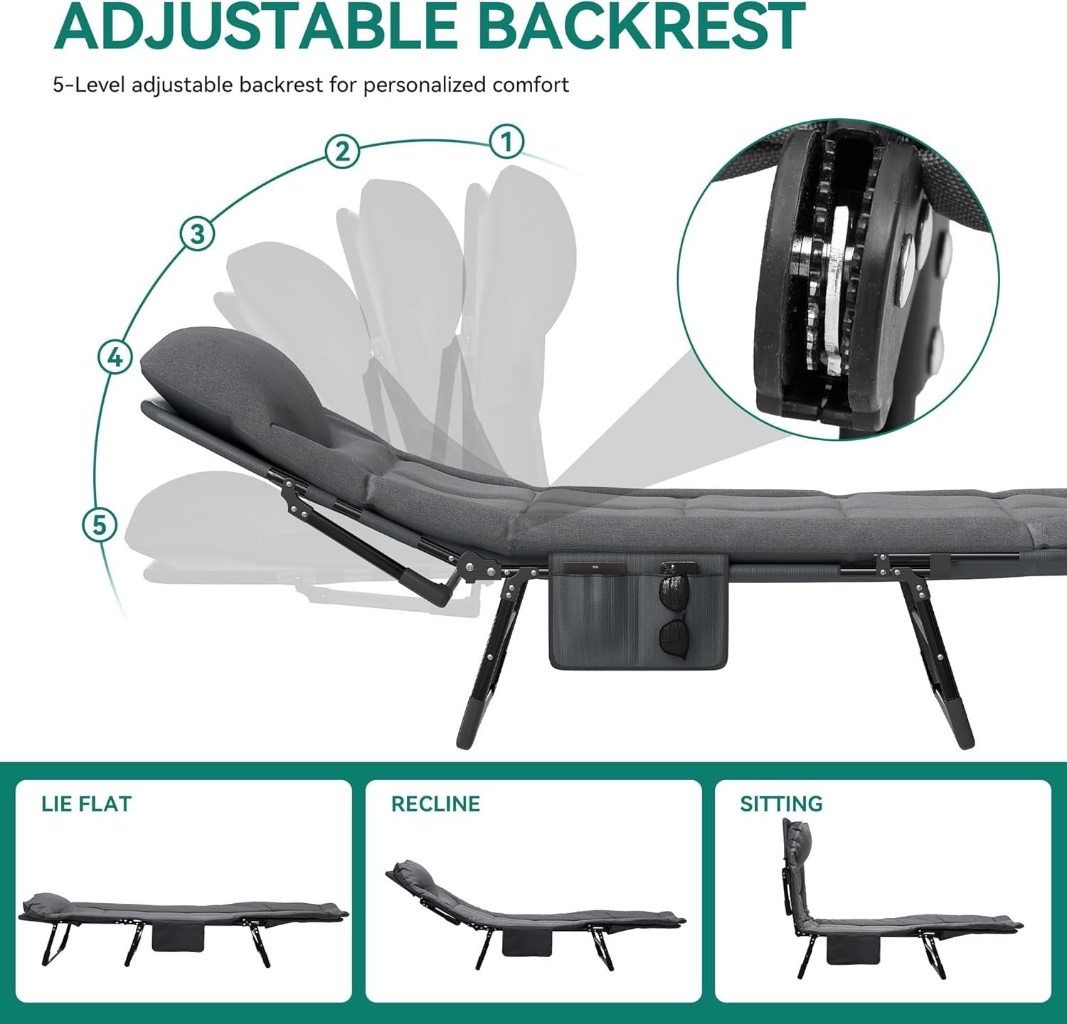 Adjustable Folding Sun Lounger with Cushion – 200kg Load, 4-Position Recline