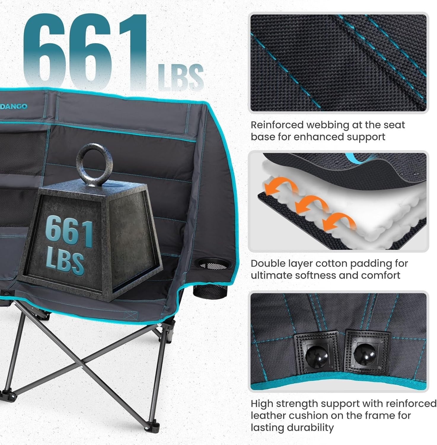 Double Camping Chair 2-Seater Foldable Sofa with Cooler Bag & Padded Seat