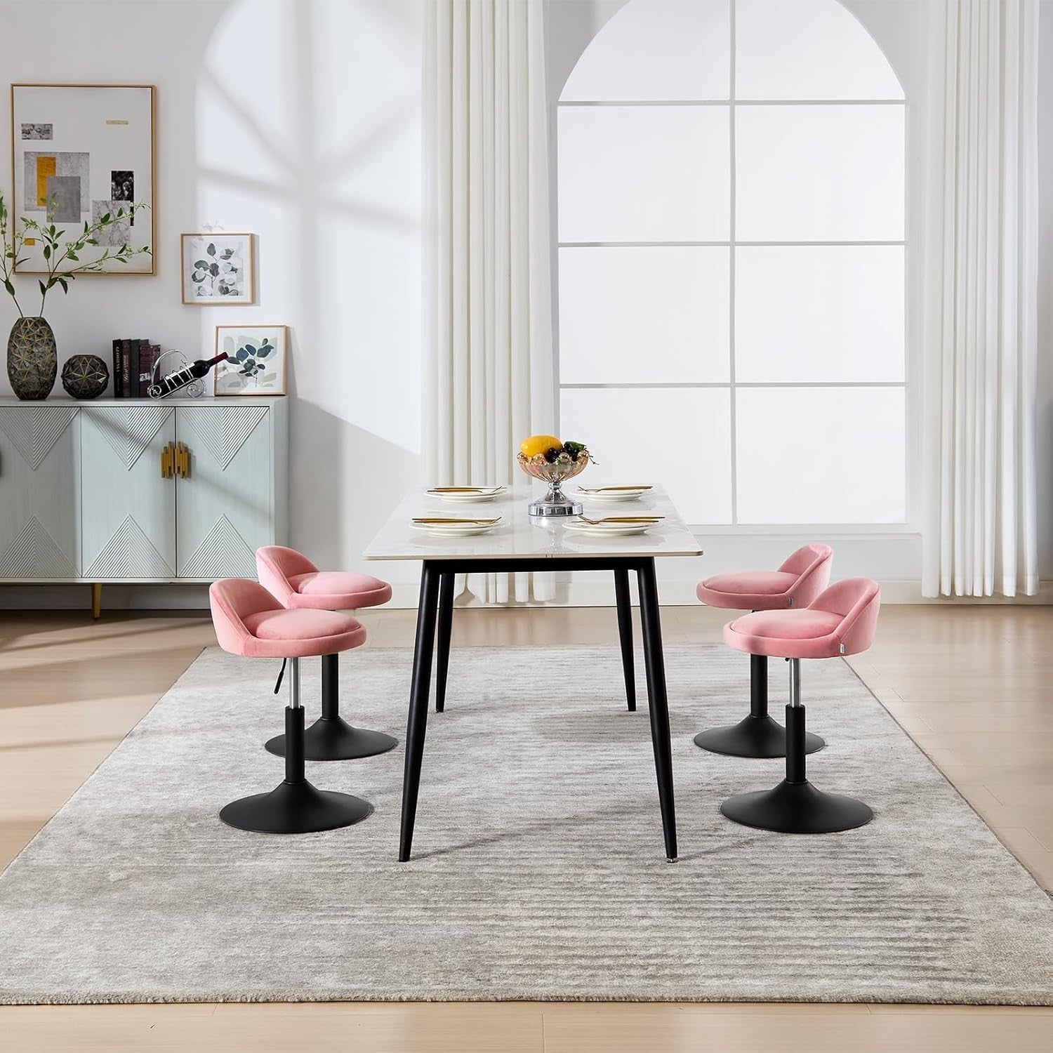 Pink Velvet Swivel Stool Height Adjustable Round Counter Chair Black Base